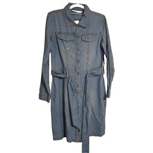 NWT Women Sz Small Given Kale Blue Light denim jean dress metal rhineston belted